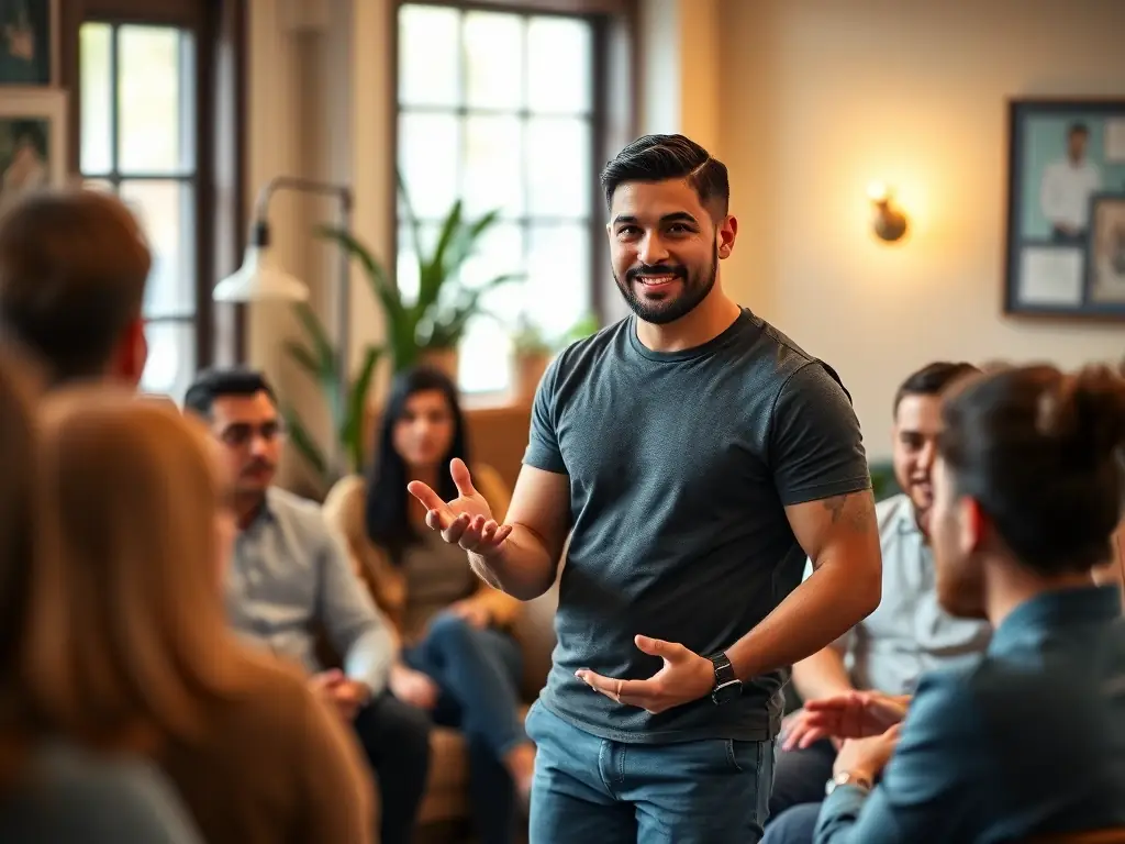 A supportive image of Renan Santos leading a bi-weekly group coaching session, emphasizing the personalized guidance and community support offered by A Forja (The Forge).