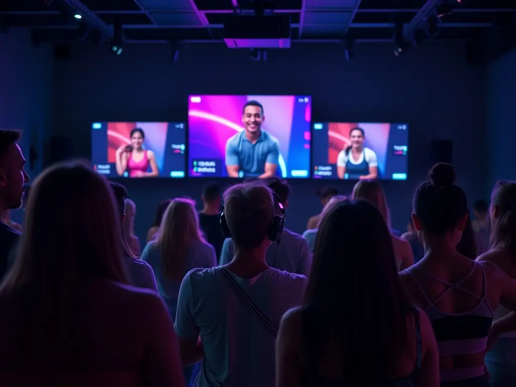 A dynamic shot of a diverse group of people participating in a high-energy online fitness class, led by Renan Santos on a large screen. The participants are smiling and engaged, showcasing the interactive and motivating atmosphere of A Forja's weekly classes.