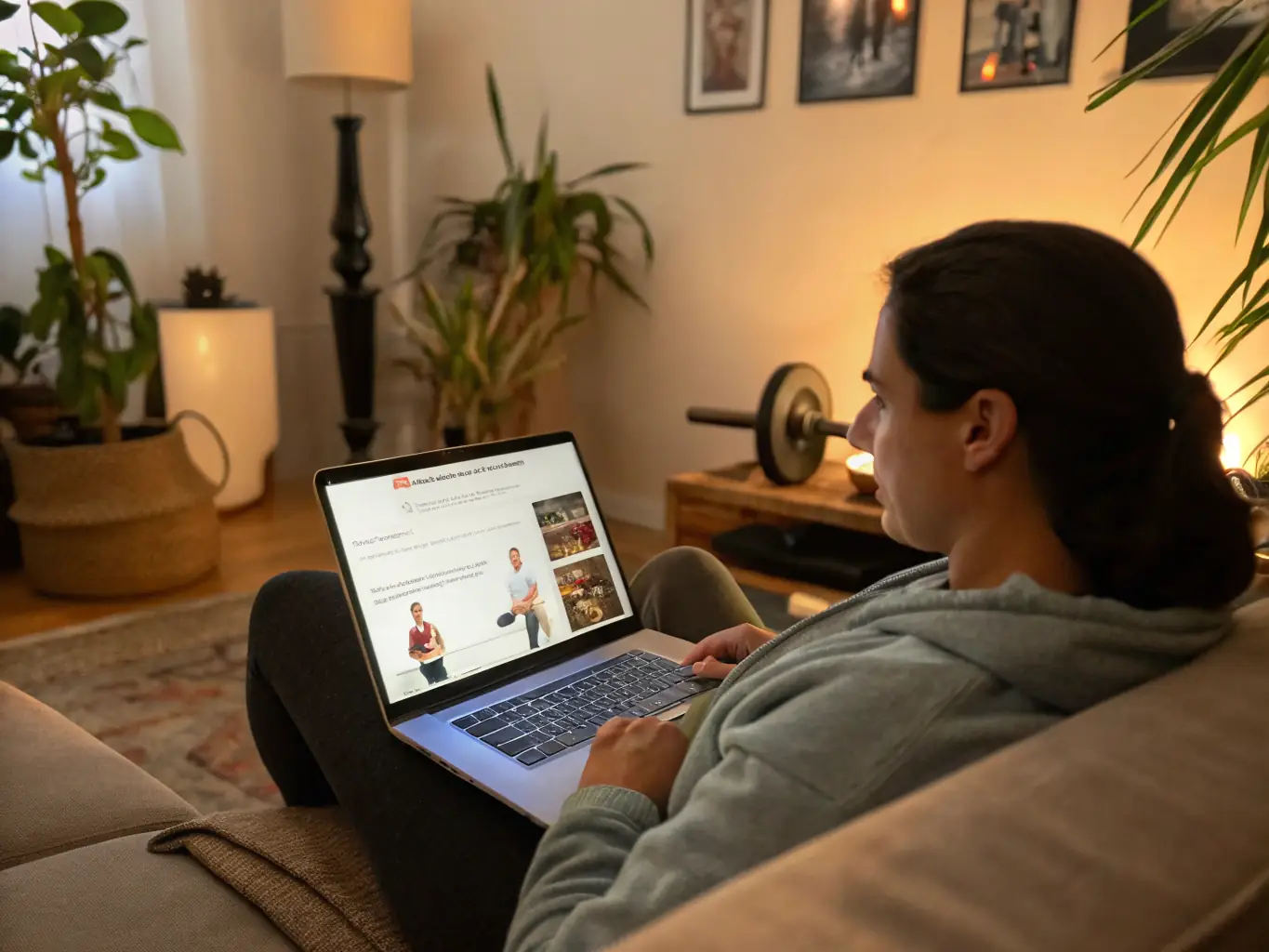 An inspiring image of a person working out at home, using A Forja's online platform on their laptop. The setting is a comfortable and inviting home environment, emphasizing the accessibility and convenience of the program.