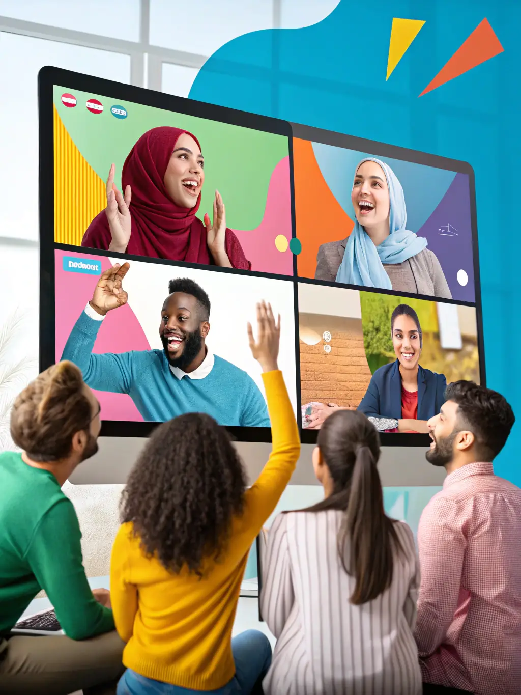 An image representing a supportive online community, with people interacting and encouraging each other in their fitness journeys.